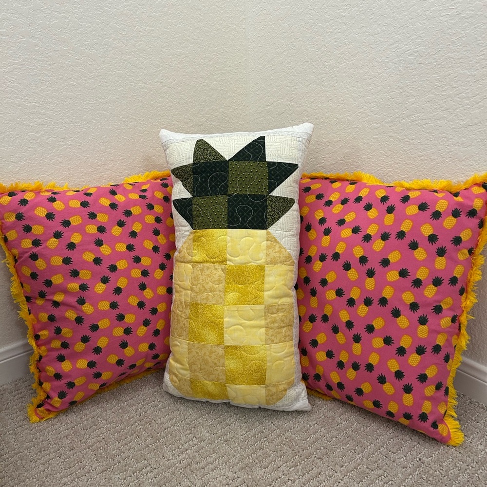 Handmade Pineapple Themed Pillow Set with Pink and Yellow Accents